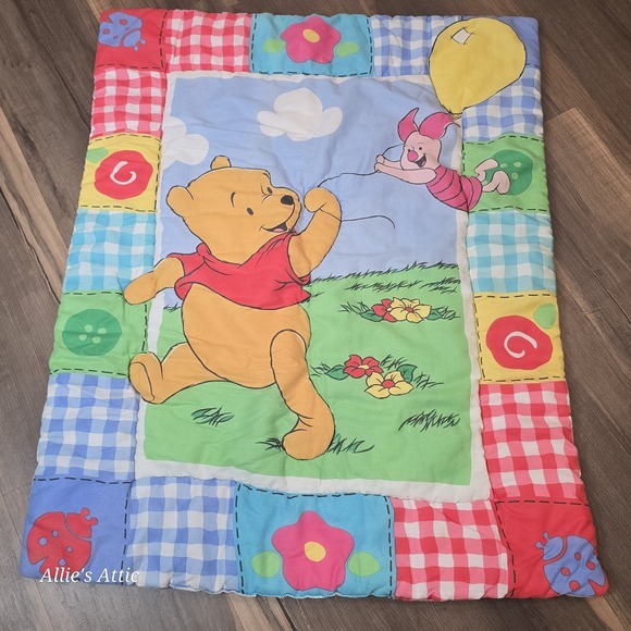 Disney Other - Winnie the Pooh Piglet Blanket Crib Quilt Comforter Vintage Throw Red Blue Green